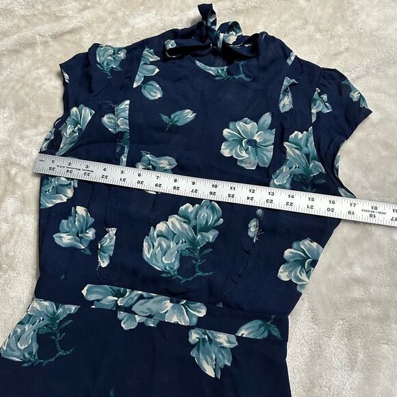 Reformation Faith Mini Dress Women's 2 Blue Floral Short Sleeves A-Line Tie Neck - Picture 6 of 8
